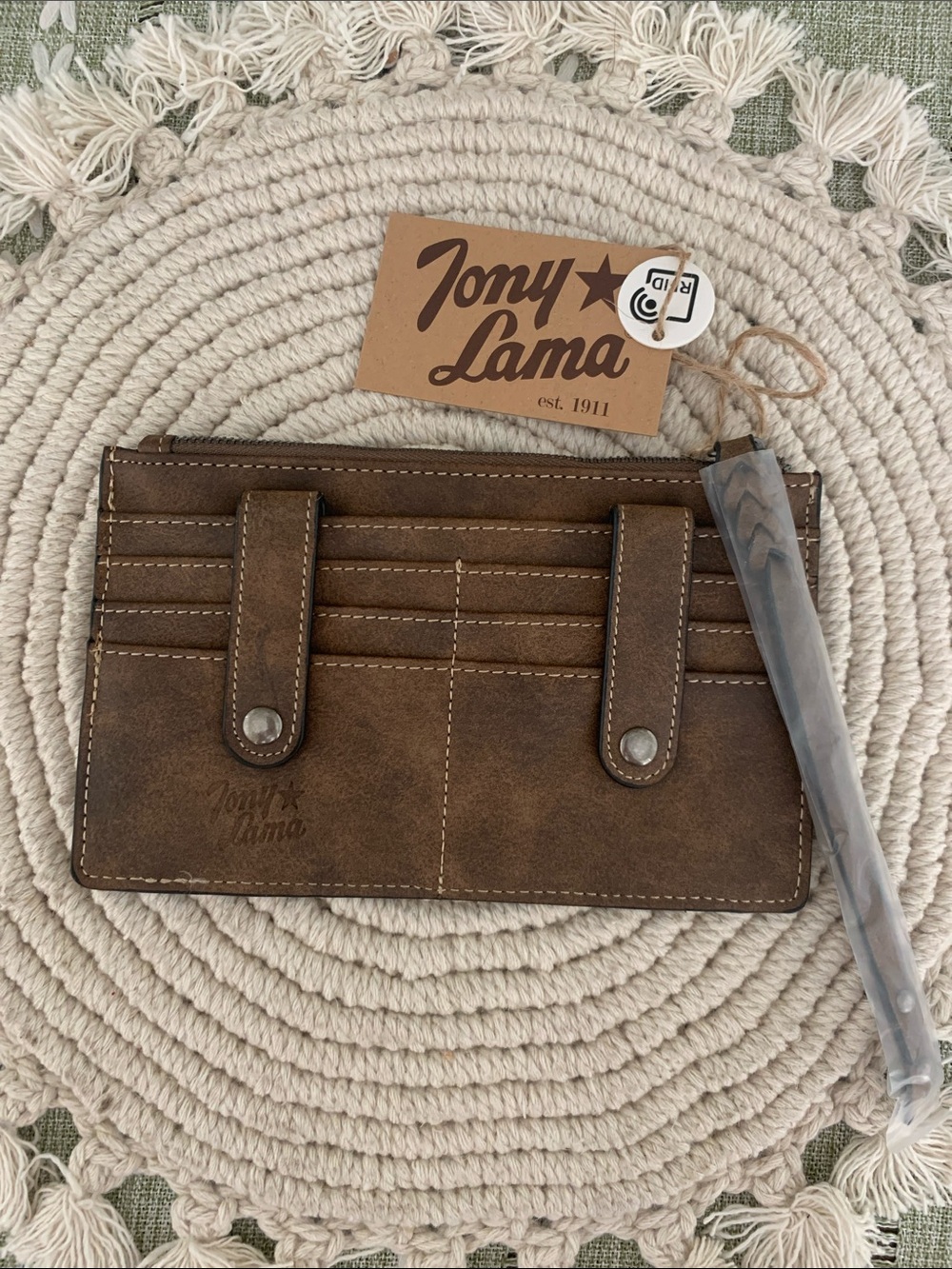 Tony Lama Brown Leather Card Wallet with Snap Strap & Zipper Pocket